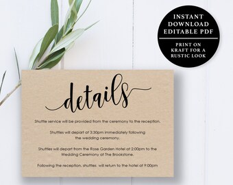 Wedding Details Card Template, 5x3.5, Wedding Details Card, Instant Download Printable, Editable PDF, EWDCBW05