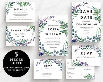 Green Leaves Wedding Suite, Invitation, Save the Date, RSVP, Thank You Card, Details Card, Instant Download Printable, EWSU003