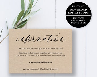 Wedding Information Card Template, 5x3.5, Wedding Details Card, Instant Download Printable, Editable PDF, EWINFO001