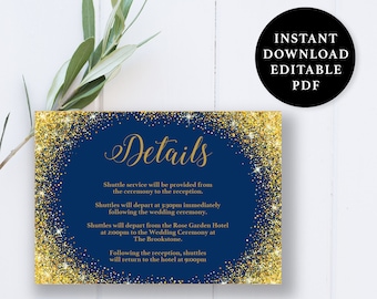 Navy Blue and Gold Sparkling, Details Card Template, 5x3.5, Wedding Details Card, Instant Download Printable, Editable PDF, EWDC008