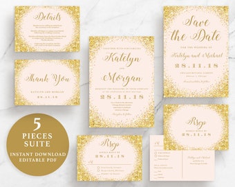 Pink and Gold Sparkling Wedding Suite, Invitation, Save the Date, RSVP, Thank You Card, Details Card, Instant Download Printable, EWSU001