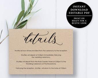Wedding Details Card Template, 5x3.5, Wedding Details Card, Instant Download Printable, Editable PDF, EWDCBW01