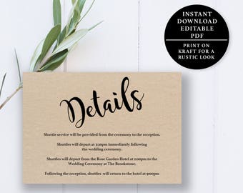 Wedding Details Card Template, 5x3.5, Wedding Details Card, Instant Download Printable, Editable PDF, EWDC006