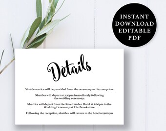 Wedding Details Card Template, 5x3.5, Wedding Details Card, Instant Download Printable, Editable PDF, EWDC006