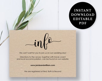 Wedding Information Card Template, 5x3.5, Wedding Details Card, Instant Download Printable, Editable PDF, EWINFO005