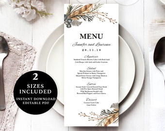 Feather Menu Template, 4x9, 5x7, Instant Download Printable, Editable PDF, EWMN025