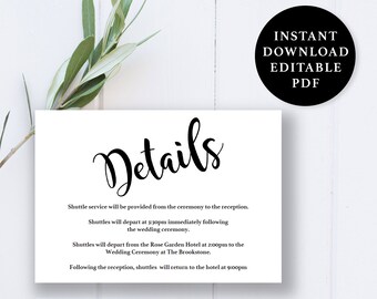 Wedding Details Card Template, 5x3.5, Wedding Details Card, Instant Download Printable, Editable PDF, EWDC006