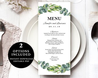 Green Leaves Menu Template, 4x9, 5x7, Instant Download Printable, Editable PDF, EWMN002