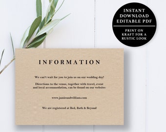 Wedding Information Card Template, 5x3.5, Wedding Details Card, Instant Download Printable, Editable PDF, EWINFO004