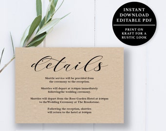 Wedding Details Card Template, 5x3.5, Wedding Details Card, Instant Download Printable, Editable PDF, EWDCBW02