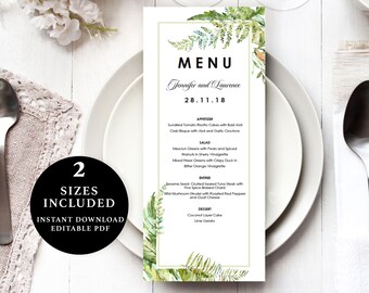 Green Leaves Menu Template, 4x9, 5x7, Instant Download Printable, Editable PDF, EWMN022