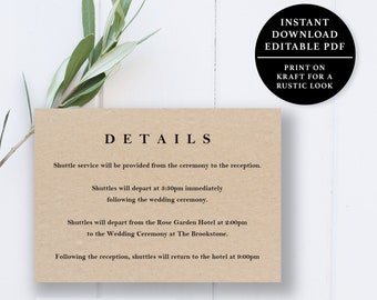 Wedding Details Card Template, 5x3.5, Wedding Details Card, Instant Download Printable, Editable PDF, EWDCBW05