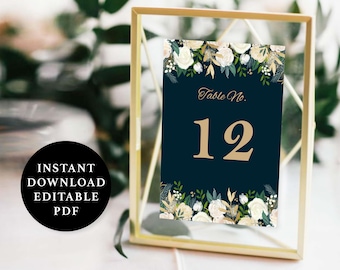 Watercolour Flower Table Number Template, 5x7, Instant Download Printable, Editable PDF, EWTN018