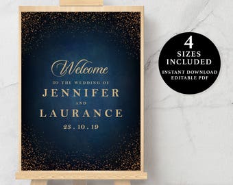 Navy Blue and Gold Sparkling, Welcome Sign Template, 16x20, 18x24, 20x30, 24x36, Instant Download Printable, Editable PDF, EWSC015