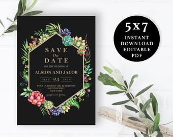 Black and Gold Flower Save the Date Template, 5x7, Instant Download Printable, Editable PDF, EWSD005