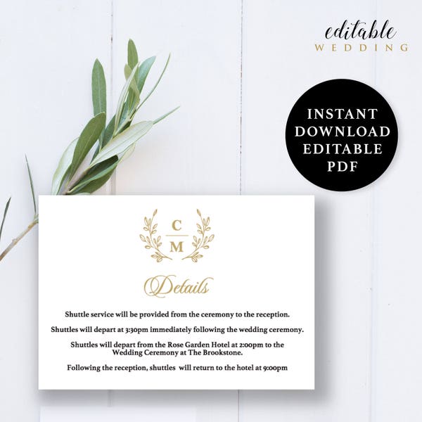 Monogram Wedding Details Card Template, 5x3.5, Wedding Details Card, Instant Download Printable, Editable PDF, EWDC019