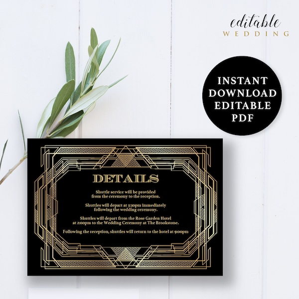 Great Gatsby Details Card, Details Card Template, 5x3.5, Wedding Details Card, Instant Download Printable, Editable PDF, EWDC009