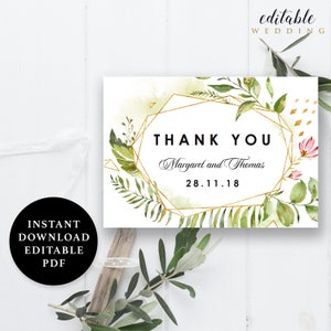 Watercolor Flower Green Leaves Thank You Card Template, Folded Thank You card, 5x3.5, Instant Download Printable, Editable PDF, EWTY012 image 1