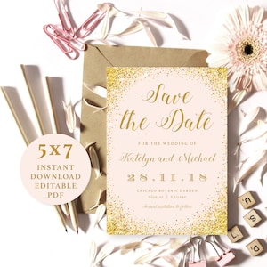 Pink and Gold Sparkling, Save the Date Template, 5x7, Instant Download Printable, Editable PDF, EWSD001 image 1