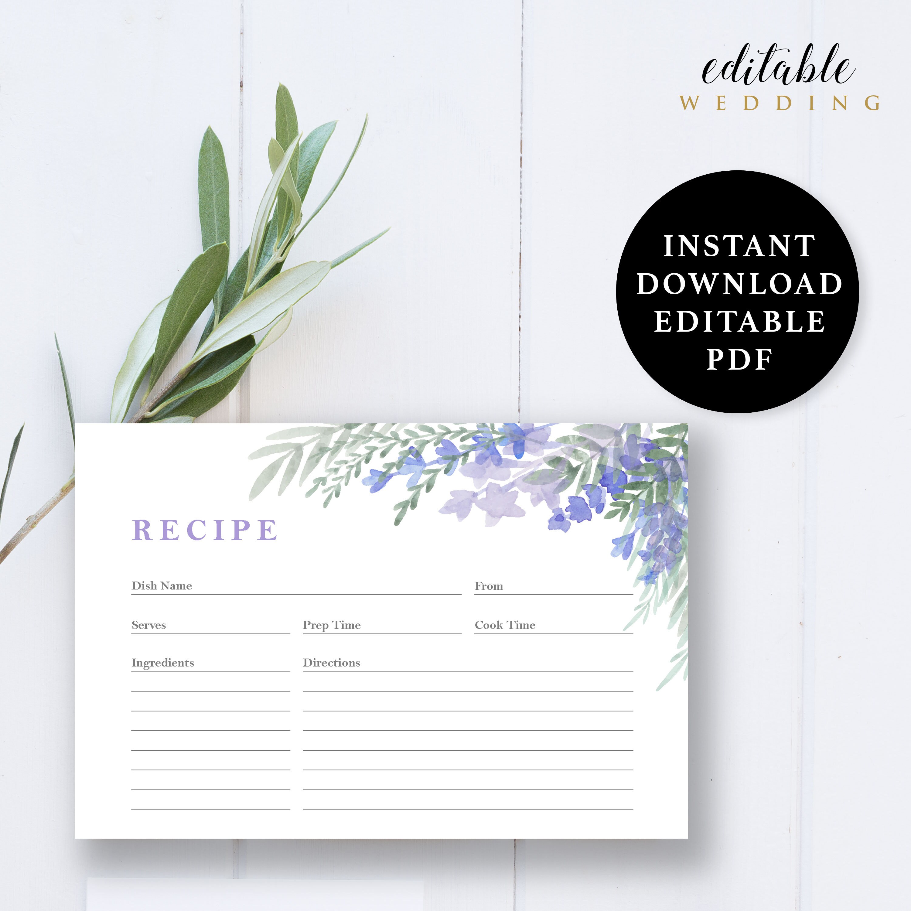 Lavender Recipe Cards Printable, Printable Recipe Card, Bridal Shower ...