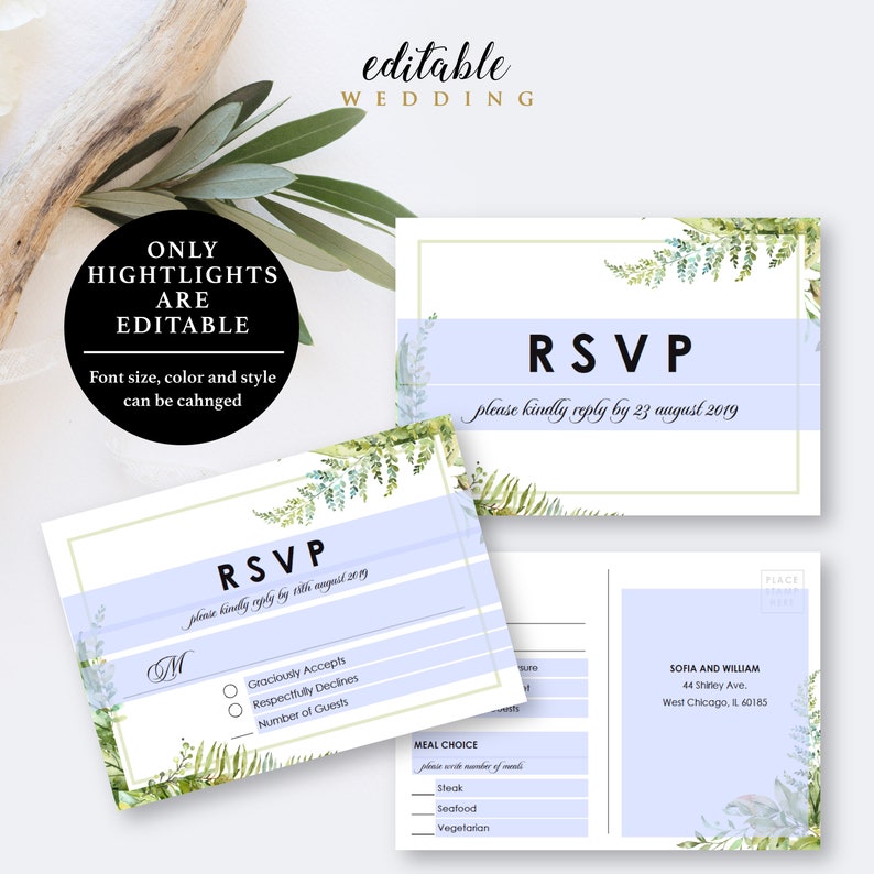Editable PDF 5x3.5 Green Leaves RSVP Template RSVP Postcard EWRSVP022 Instant Download Printable