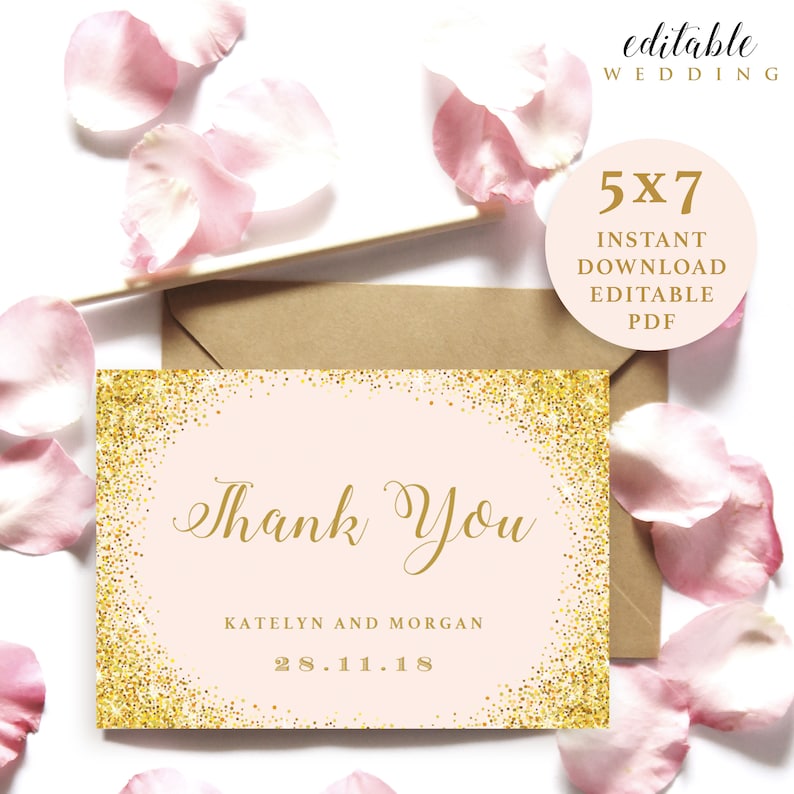 Pink and Gold Sparkling Thank You Card Template Folded Thank Etsy