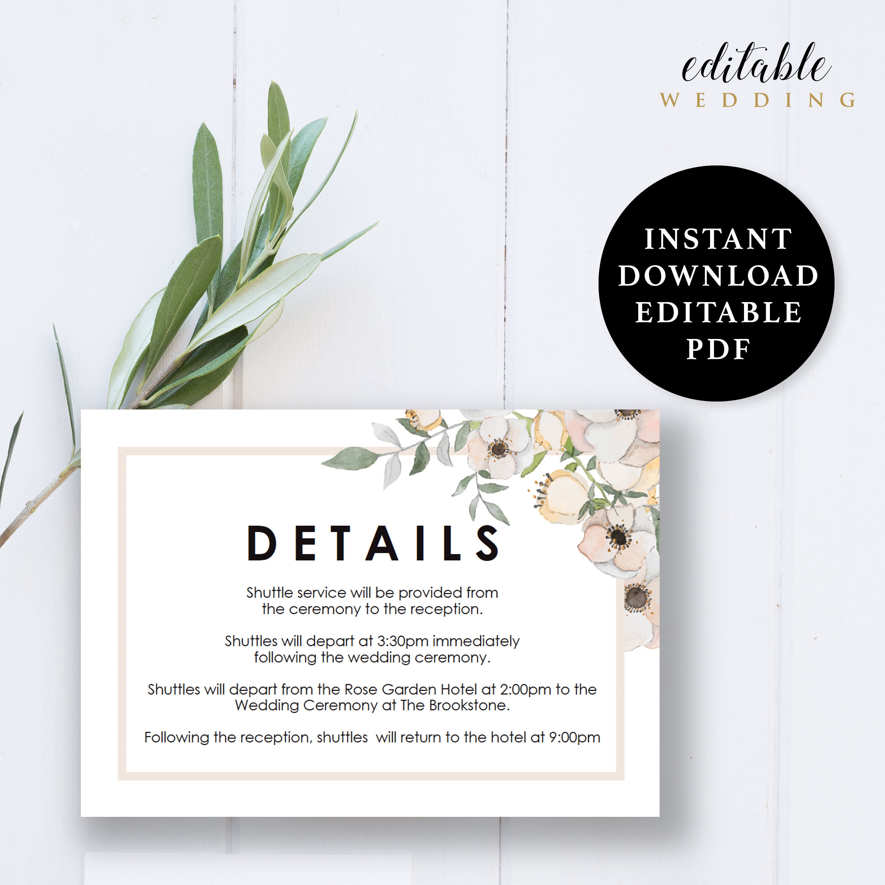 Flower Details Card Template 5x3.5 Wedding Details Card Etsy