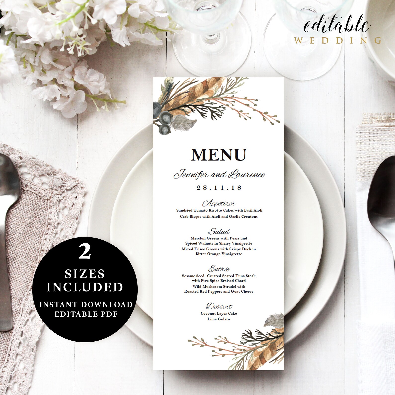 Feather Menu Template 4x9 5x7 Instant Download Printable Etsy 日本