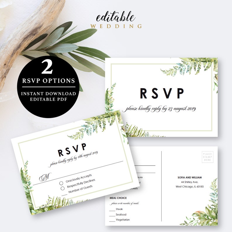 Editable PDF 5x3.5 Green Leaves RSVP Template RSVP Postcard EWRSVP022 Instant Download Printable