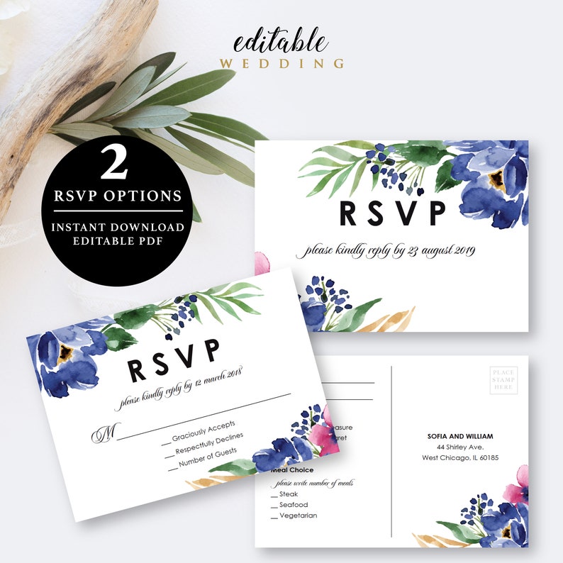 RSVP Instant Download Printable EWSU026 Details Card Flower Wedding Suite Invitation Thank You Card Save the Date