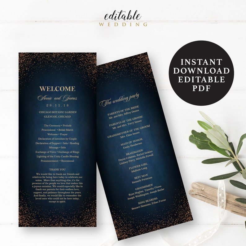 Navy Blue and Gold Sparkling Wedding Program Template 4x9 - Etsy