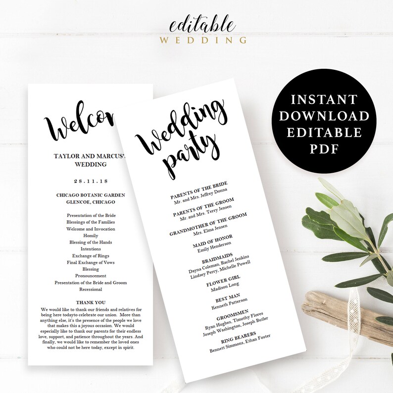 Wedding Program Template, 4x9, Instant Download Printable, Editable PDF, EWPR006 image 1