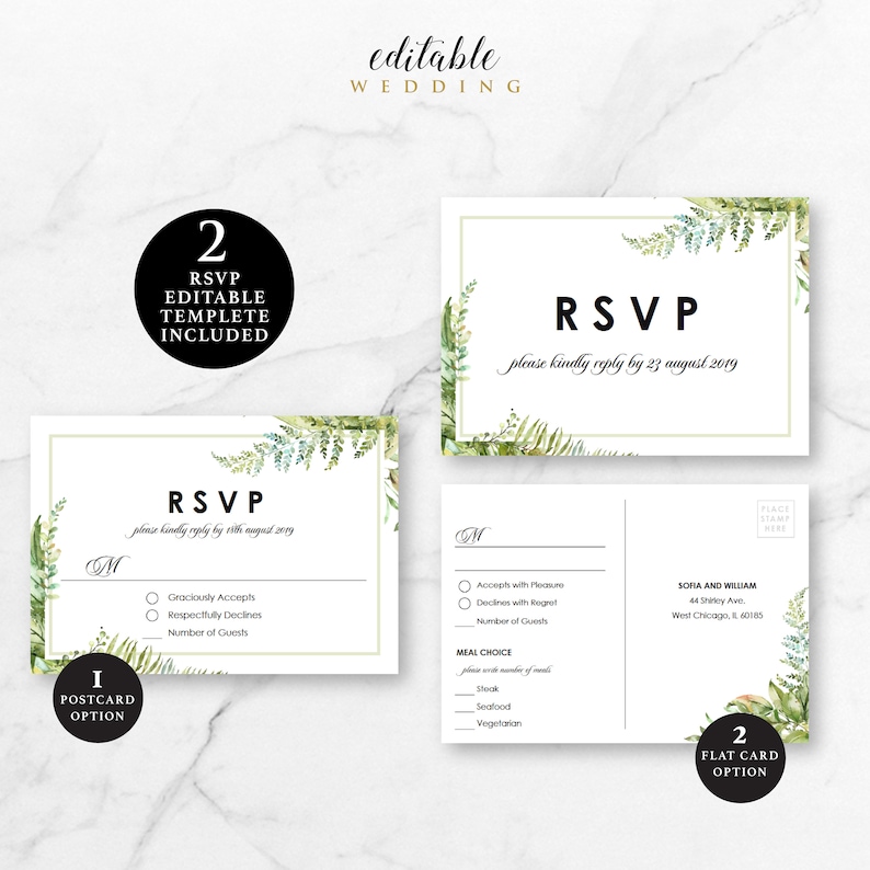 Editable PDF 5x3.5 Green Leaves RSVP Template RSVP Postcard EWRSVP022 Instant Download Printable