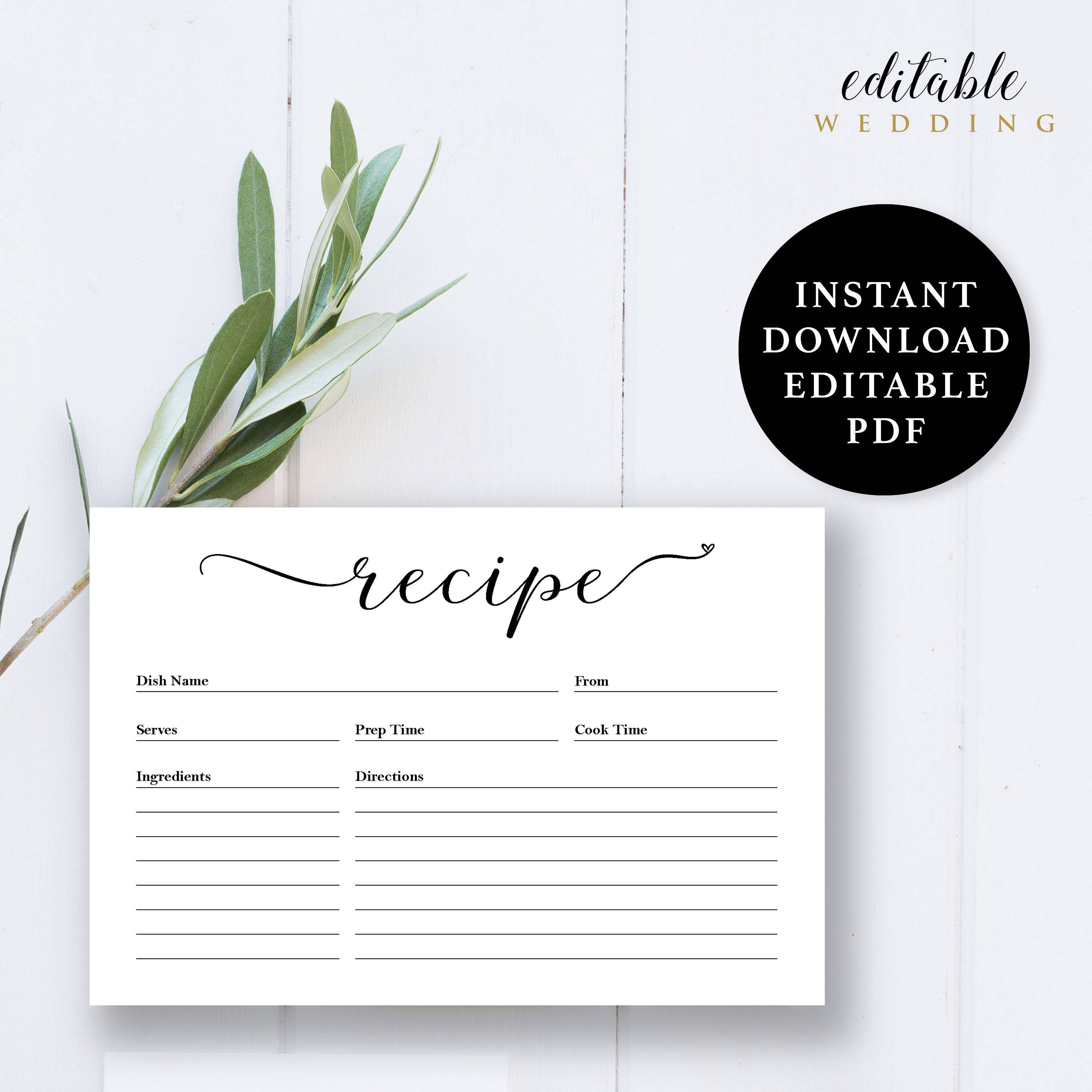 Recipe Cards Printable, Printable Recipe Card, Bridal Shower Recipe ...