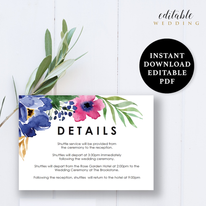 RSVP Instant Download Printable EWSU026 Details Card Flower Wedding Suite Invitation Thank You Card Save the Date