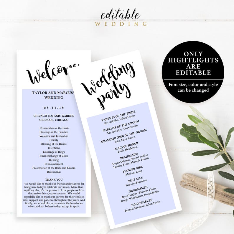 Wedding Program Template, 4x9, Instant Download Printable, Editable PDF, EWPR006 image 3