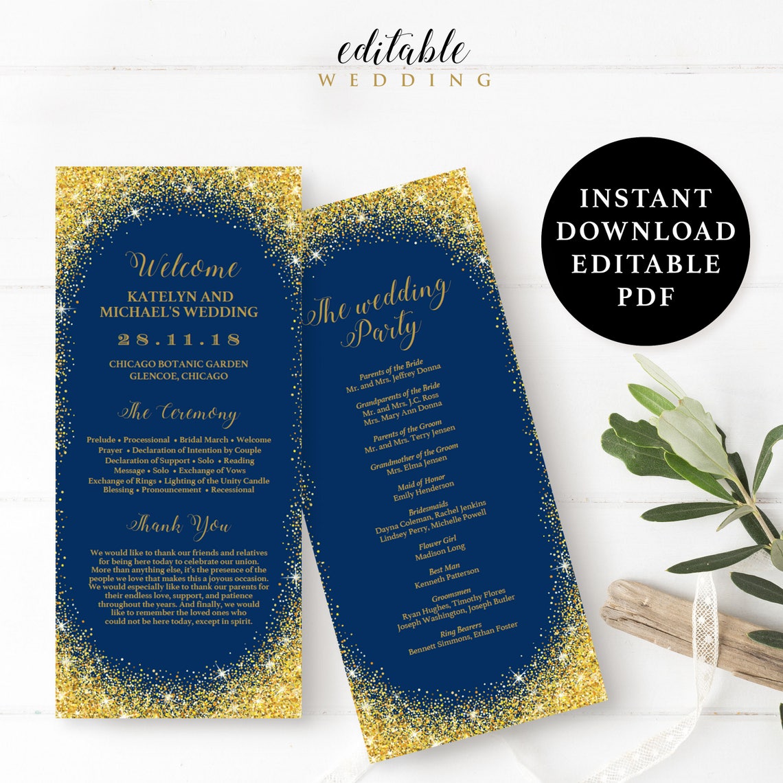 Navy Blue and Gold Sparkling Wedding Program Template 4x9 - Etsy