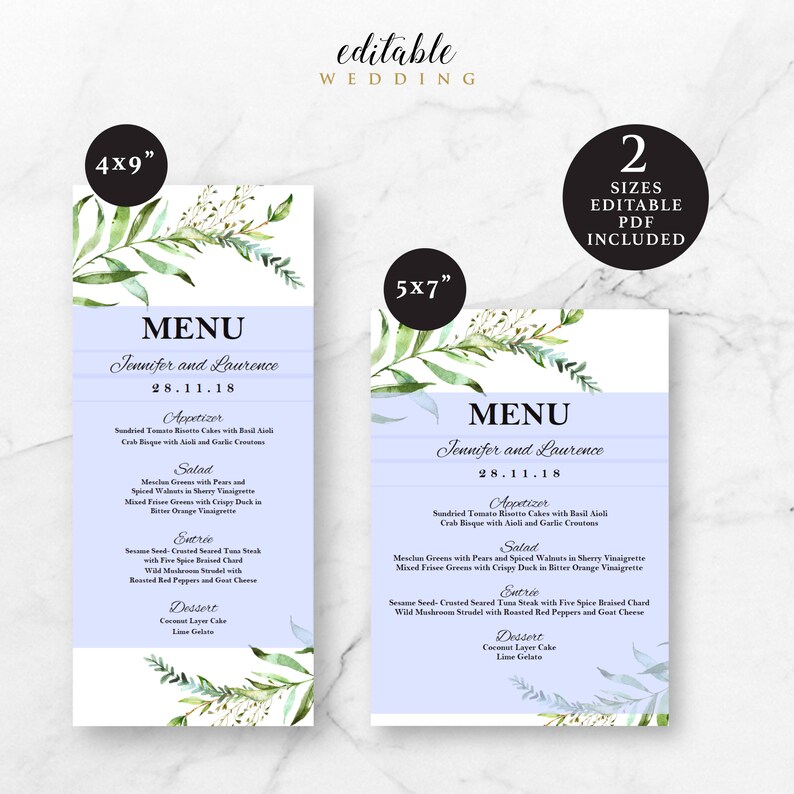Green Leaves Menu Template 4x9 5x7 Instant Download Etsy