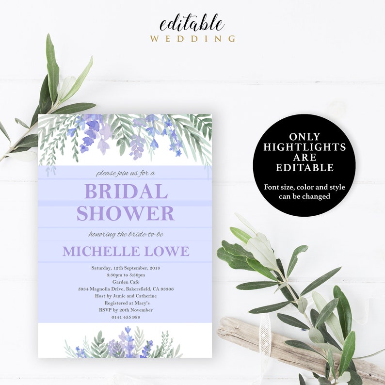 Lavender Flower Bridal Shower Invitation Template 5x7 Etsy