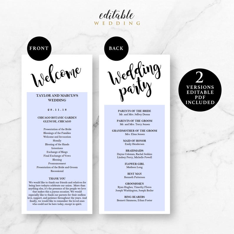 Wedding Program Template, 4x9, Instant Download Printable, Editable PDF, EWPR006 image 5