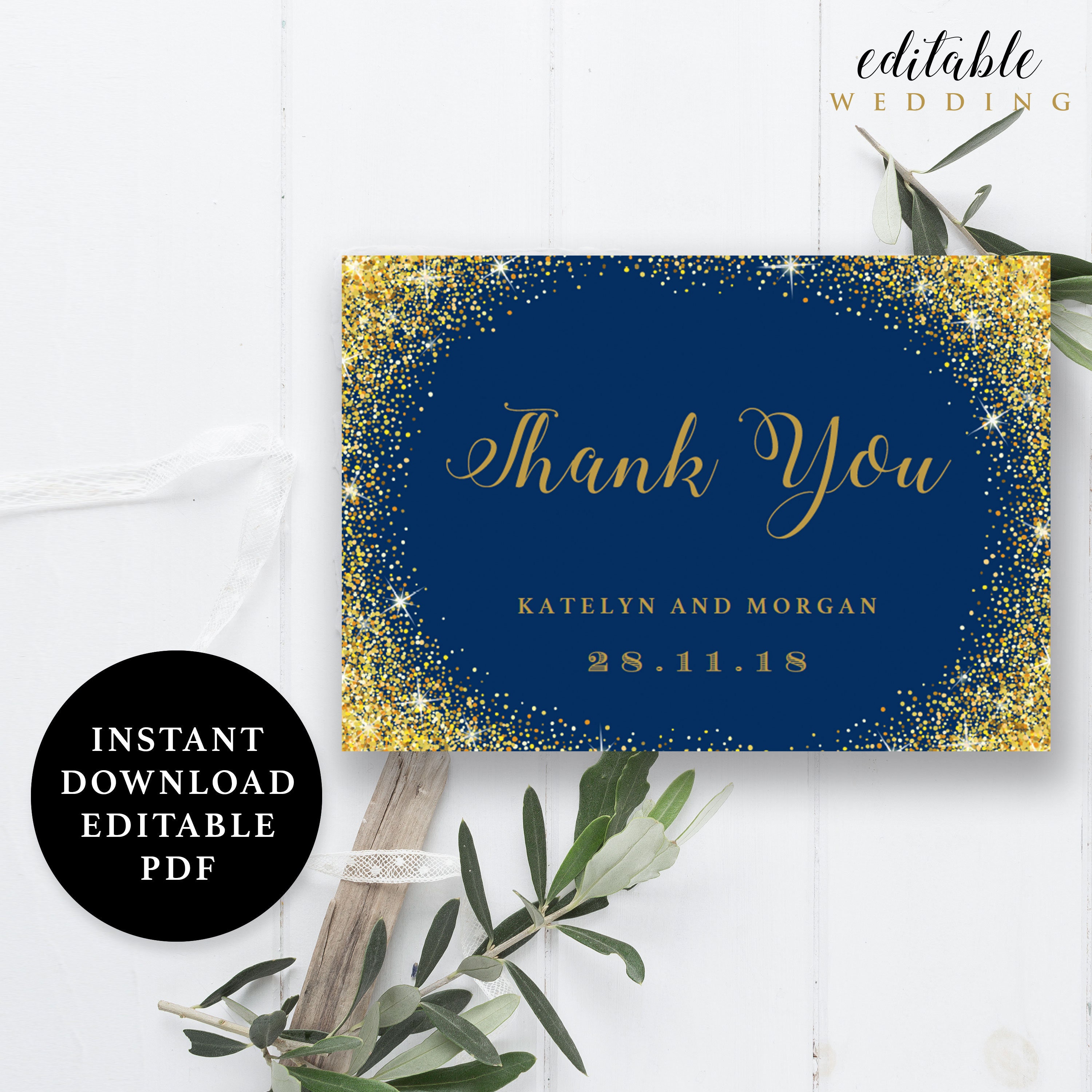 Navy Blue and Gold Sparkling Thank You Card Template Folded Etsy