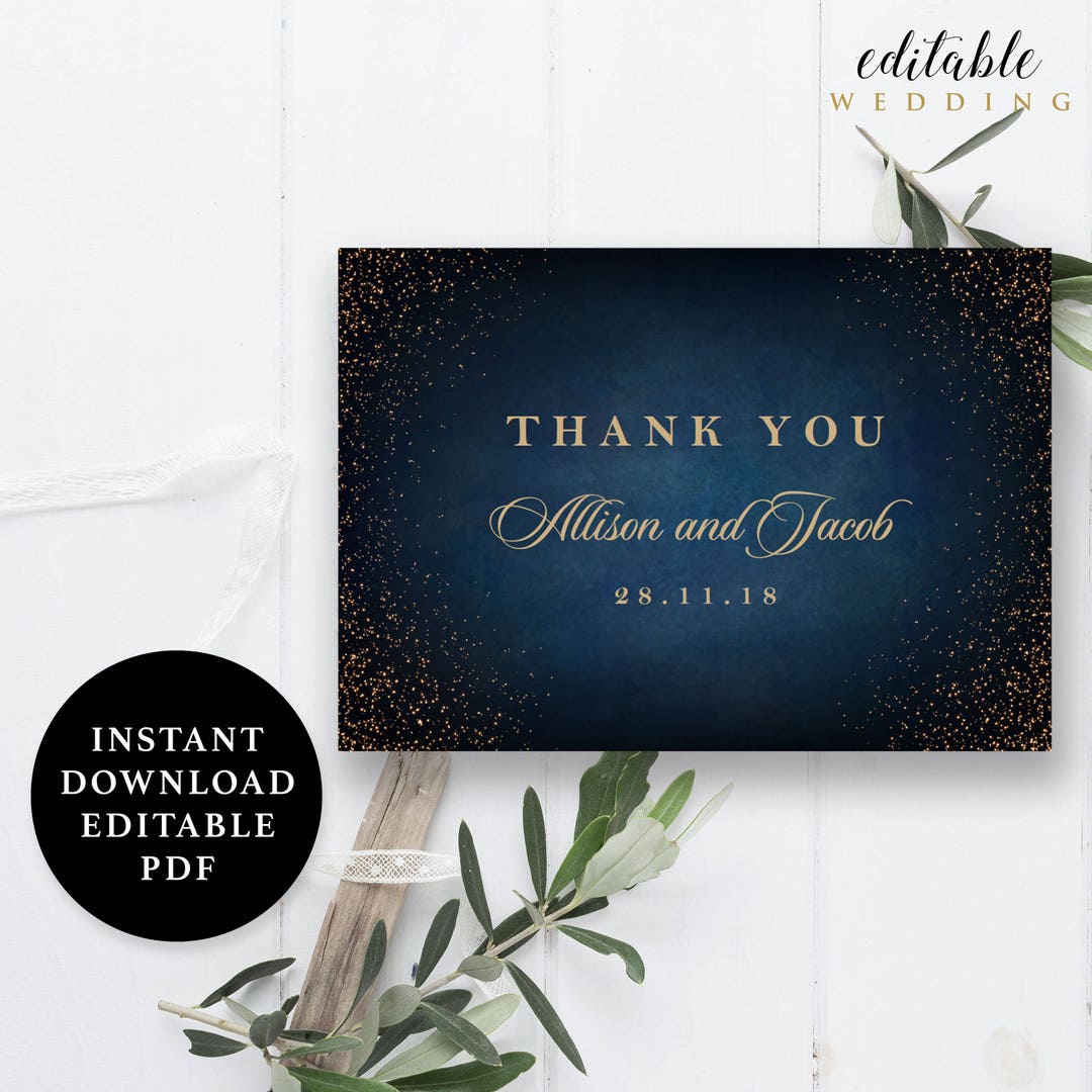 Navy Blue and Gold Sparkling Thank You Card Template Folded - Etsy