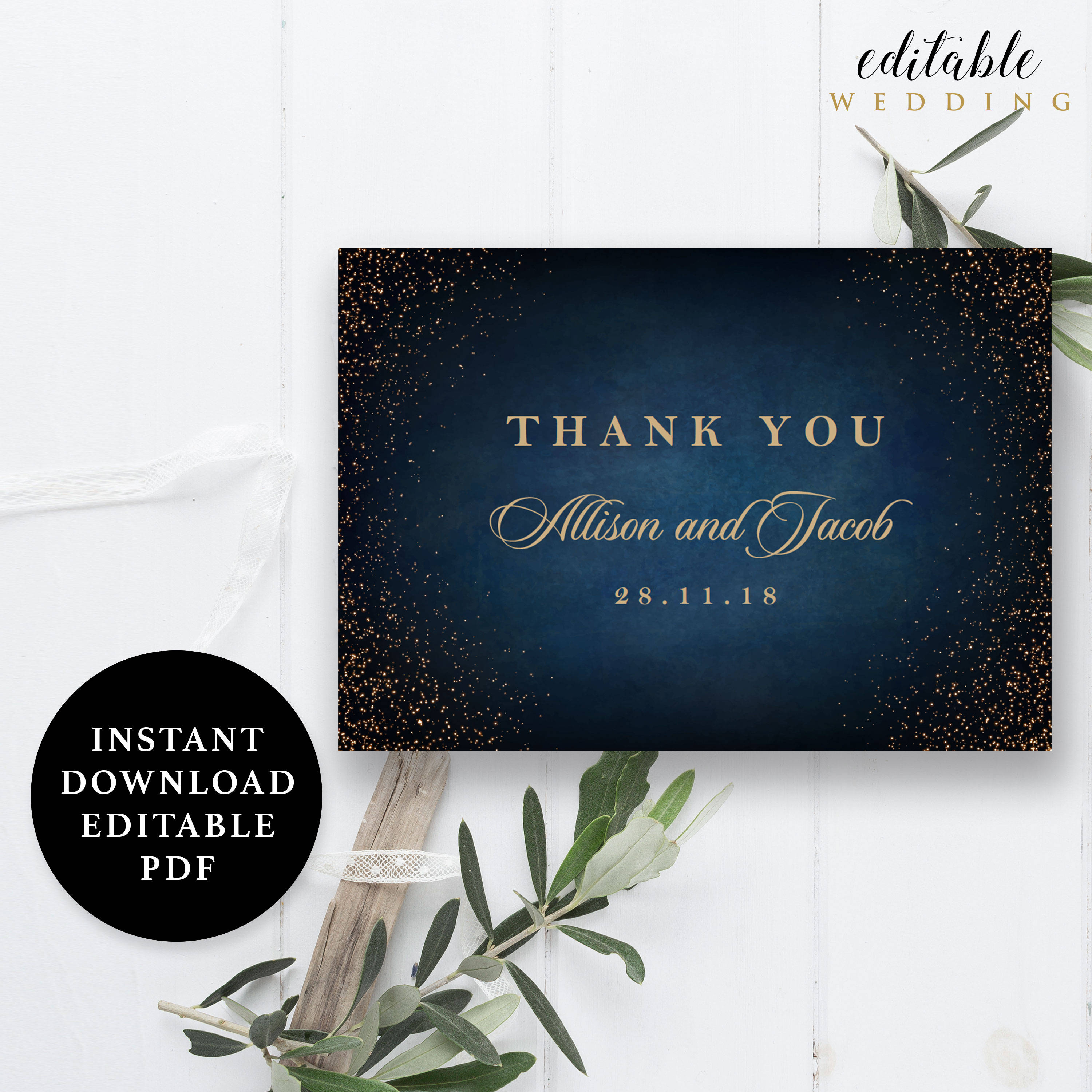 Navy Blue and Gold Sparkling Thank You Card Template Folded - Etsy