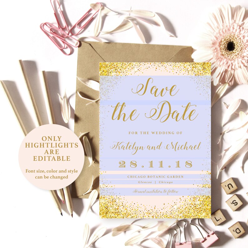 Pink and Gold Sparkling, Save the Date Template, 5x7, Instant Download Printable, Editable PDF, EWSD001 image 2
