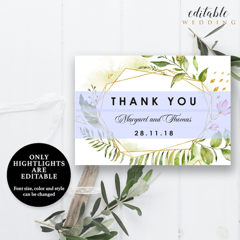 Watercolor Flower Green Leaves Thank You Card Template, Folded Thank You card, 5x3.5, Instant Download Printable, Editable PDF, EWTY012 image 2