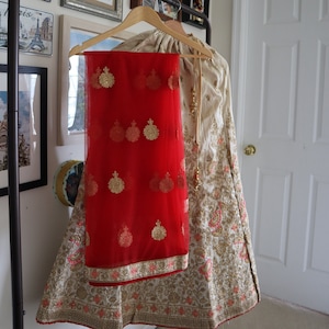 May include: A white and gold embroidered lehenga with a red sheer dupatta. The dupatta has gold embroidery and is draped over the lehenga.