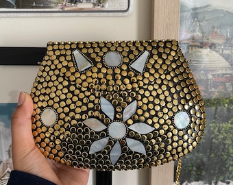 White & Gold Mosaic Purse Clutch Multicolor Stone Purse Women Antique Party Clutch Bag Ethnic Metal Purse Chain Hanging Metal