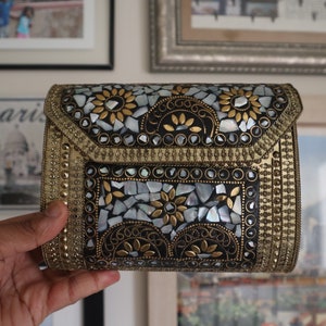 Handmade Mosaic Metal Clutch Multicolor Stone Purse Antique Party Clutch Bag Metal Purse With Chain