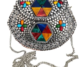 Colorful, Silver Mosaic Purse Handmade Mosaic Metal Clutch Multicolor Stone Purse