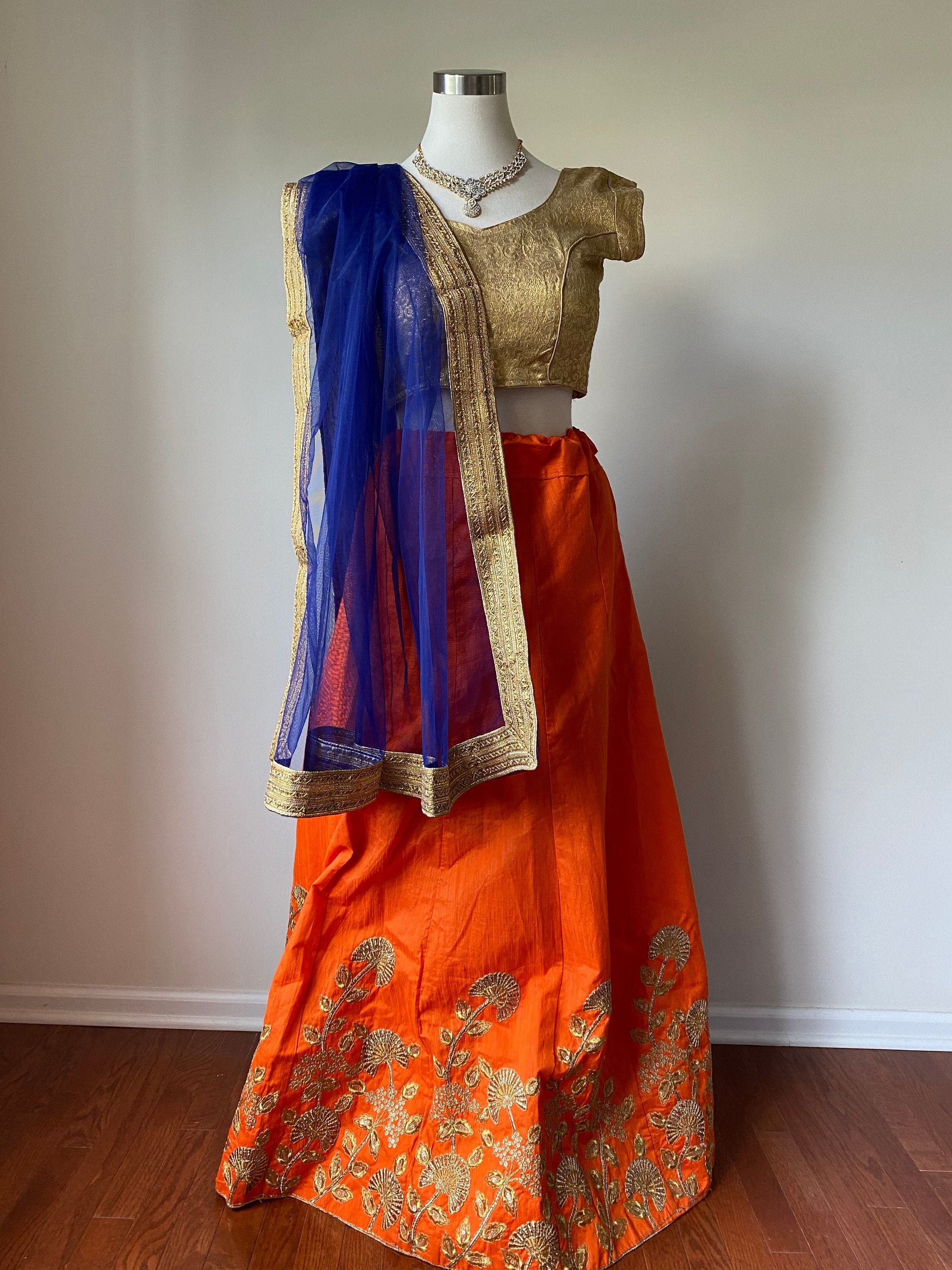 Orange Lehenga With Blue Dupatta Set Women s Heavy Net Embrodary
